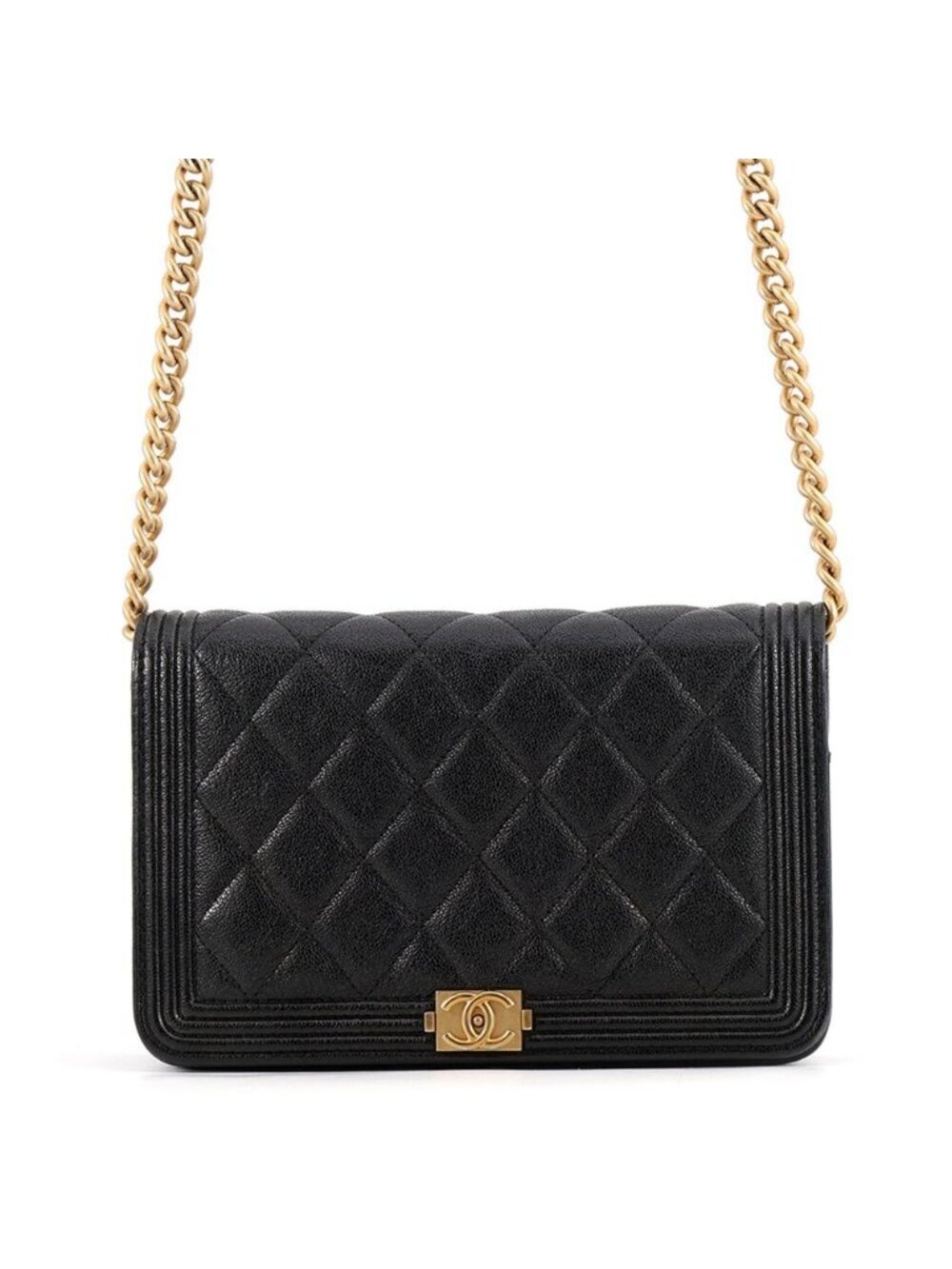 Chanel Chain Wallet Boy Quilted CC Logo Caviar Leather Shoulder Bag Black
